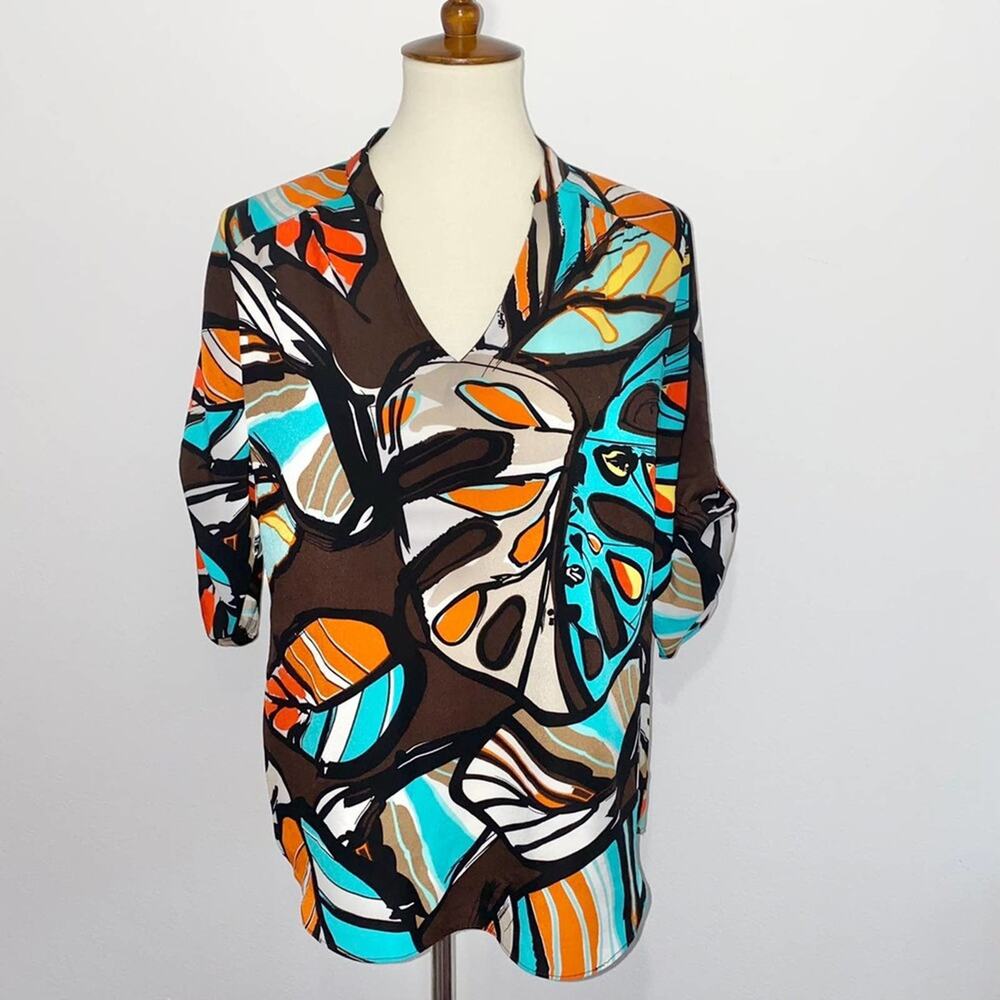 M Milano Brown Abstract Boho Half 3/4th Sleeve V Neck Work Career Blouse Top - Picture 3 of 12